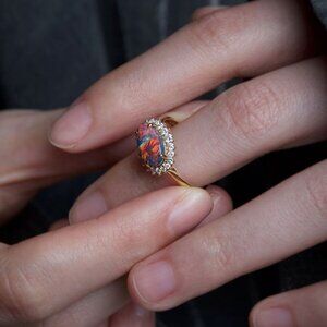 Certificated Black Opal Halo Diamond Engagement Ring 18K Gold